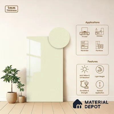 Pale Cream Solid Colors Look LM 15483 Amber Gris 8 ft x 4 ft High Gloss Finish Decorative Laminate - 1 mm | Suitable for Living Room, Kitchen, Office