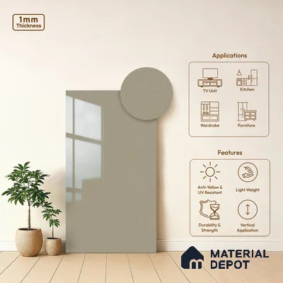 Warm Grey Solid Colors Look LM 15490 Crux Grey 8 ft x 4 ft High Gloss Finish Decorative Laminate - 1 mm | Suitable for Living Room, Kitchen, Office
