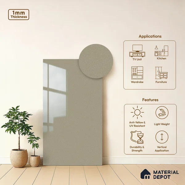 Warm Grey Solid Colors Look LM 15490 Crux Grey 8 ft x 4 ft High Gloss Finish Decorative Laminate - 1 mm | Suitable for Living Room, Kitchen, Office