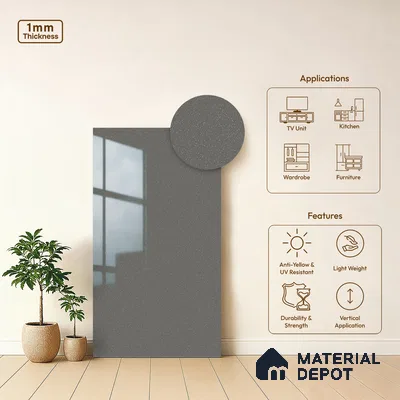 Solid Colors Look LM 15491 Steel Grey 8 ft x 4 ft High Gloss Finish Decorative Laminate - 1 mm | Suitable for Living Room, Kitchen, Office