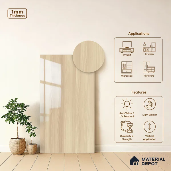 Wooden Look LM 01713 Soft Spruce 8 ft x 4 ft High Gloss Finish Decorative Laminate - 1 mm | Suitable for TV Unit, Wardrobe, Kitchen Cabinets