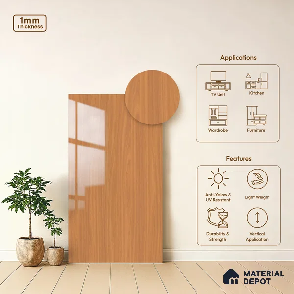 Wooden Look LM 15573 Mangrove Wood 8 ft x 4 ft High Gloss Finish Decorative Laminate - 1 mm | Suitable for TV Unit, Wardrobe, Kitchen Cabinets