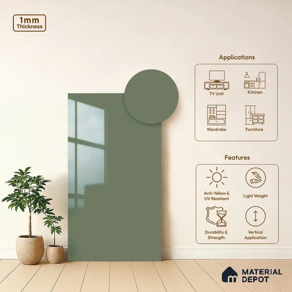 Sage Green Solid Colors Look LM 15564 Fornum & Mason 8 ft x 4 ft High Gloss Finish Decorative Laminate - 1 mm | Suitable for Living Room, Kitchen, Office