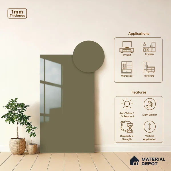Solid Colors Look LM 01728 Mellow Brown 8 ft x 4 ft High Gloss Finish Decorative Laminate - 1 mm | Suitable for Living Room, Kitchen, Office
