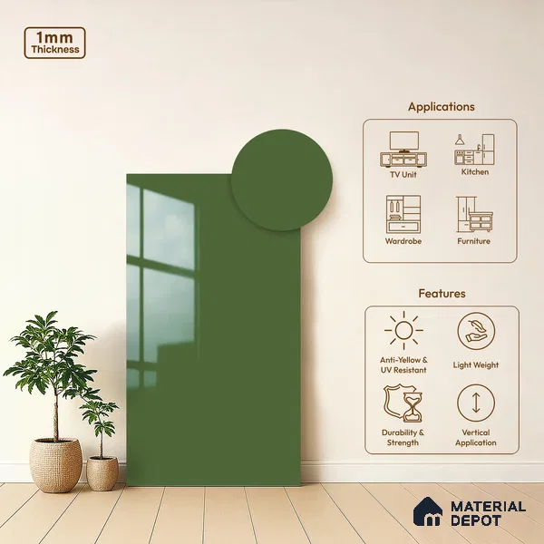 Solid Colors Look LM 01733 Parrot Green 8 ft x 4 ft High Gloss Finish Decorative Laminate - 1 mm | Suitable for Living Room, Kitchen, Office