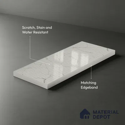 White Marble Look LM 02784 Alaska Marble 8 ft x 4 ft Glassious Flute Finish Decorative Laminate - 1 mm | Suitable for TV Unit, Wardrobe, Kitchen Cabinets