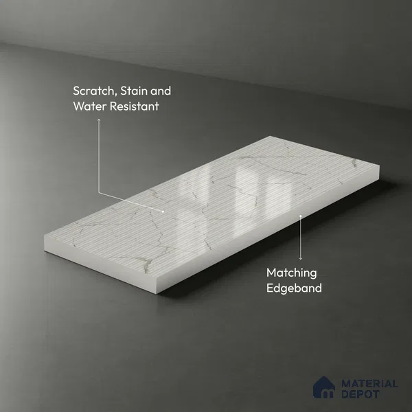White Marble Look LM 02784 Alaska Marble 8 ft x 4 ft Glassious Flute Finish Decorative Laminate - 1 mm | Suitable for TV Unit, Wardrobe, Kitchen Cabinets