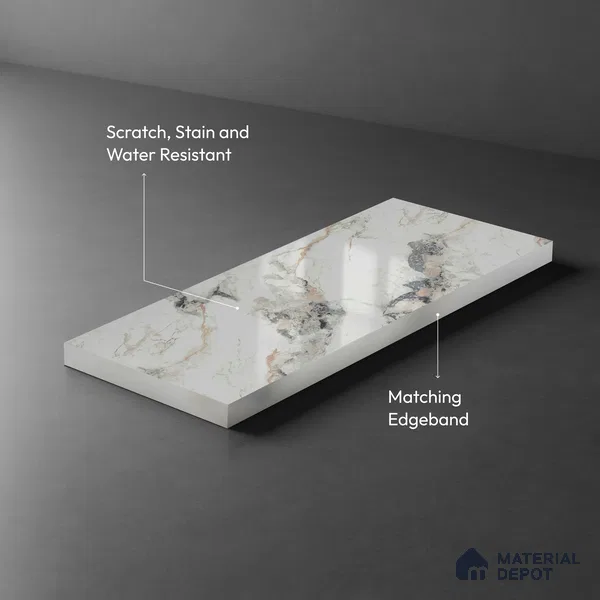 White Marble Look LM 02800 Safroni Marble 8 ft x 4 ft Mirror Glossy Finish Decorative Laminate - 1 mm | Suitable for TV Unit, Wardrobe, Kitchen Cabinets
