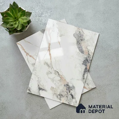 White Marble Look LM 02800 Safroni Marble 8 ft x 4 ft Mirror Glossy Finish Decorative Laminate - 1 mm | Suitable for TV Unit, Wardrobe, Kitchen Cabinets