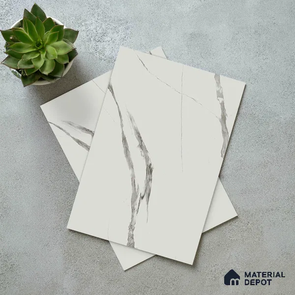 White Marble Look LM 02829 White Carrara 8 ft x 4 ft Stonem Finish Decorative Laminate - 1 mm | Suitable for TV Unit, Wardrobe, Kitchen Cabinets