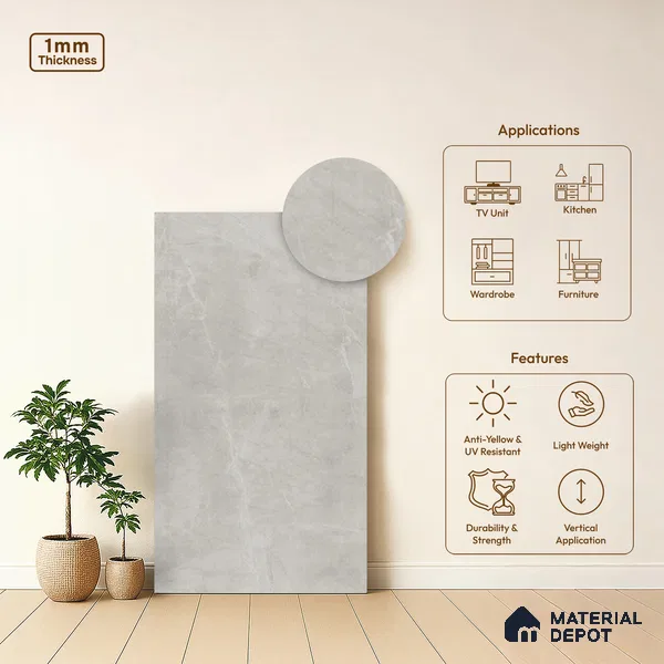 Marble Look LM 01255 Dull Calacatta 8 ft x 4 ft Texture Finish Decorative Laminate - 1 mm | Suitable for TV Unit, Wardrobe, Kitchen Cabinets