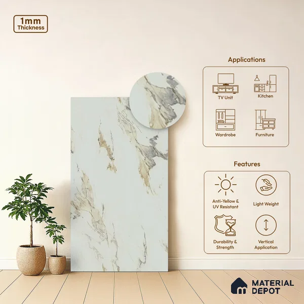 Marble Look LM 01621 Creamy Venetino 8 ft x 4 ft Texture Finish Decorative Laminate - 1 mm | Suitable for TV Unit, Wardrobe, Kitchen Cabinets