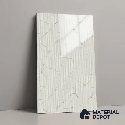 White Marble Look LM 02784 Alaska Marble 8 ft x 4 ft Glassious Flute Finish Decorative Laminate - 1 mm | Suitable for TV Unit, Wardrobe, Kitchen Cabinets