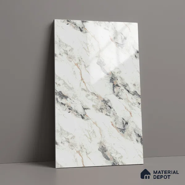 White Marble Look LM 02800 Safroni Marble 8 ft x 4 ft Mirror Glossy Finish Decorative Laminate - 1 mm | Suitable for TV Unit, Wardrobe, Kitchen Cabinets