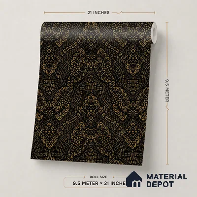 601 | Black & Gold Paisley Damask Patterned Wallpaper - 9.5 Meter x 21 Inch, 55 Sq. Ft.