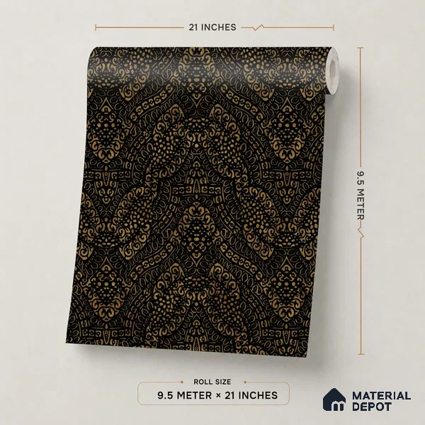601 | Black & Gold Paisley Damask Patterned Wallpaper - 9.5 Meter x 21 Inch, 55 Sq. Ft.