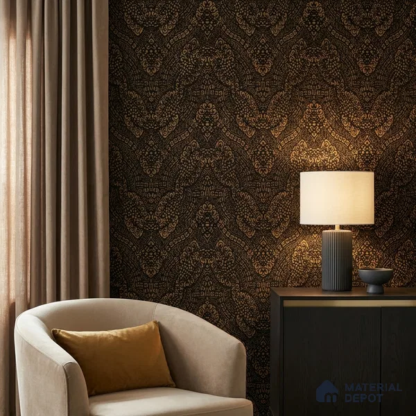 601 | Black & Gold Paisley Damask Patterned Wallpaper - 9.5 Meter x 21 Inch, 55 Sq. Ft.