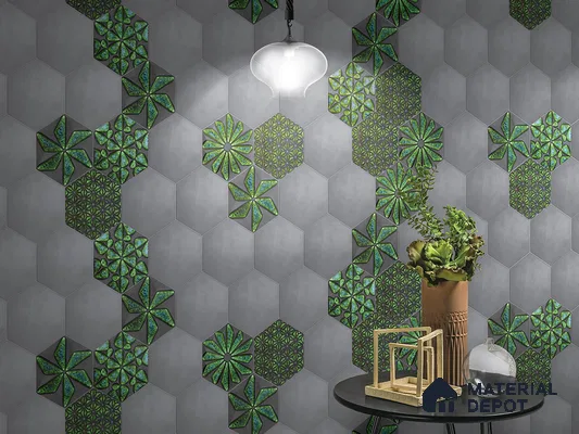 Hexagonal Wall Tile TL 05657 Matrix Distinctive Fern 6 x 6 inch Ceramic Matte Finish - 9 mm | 4 Random Faces | Suitable for Living Room, Bathroom, Kitchen & Backsplash