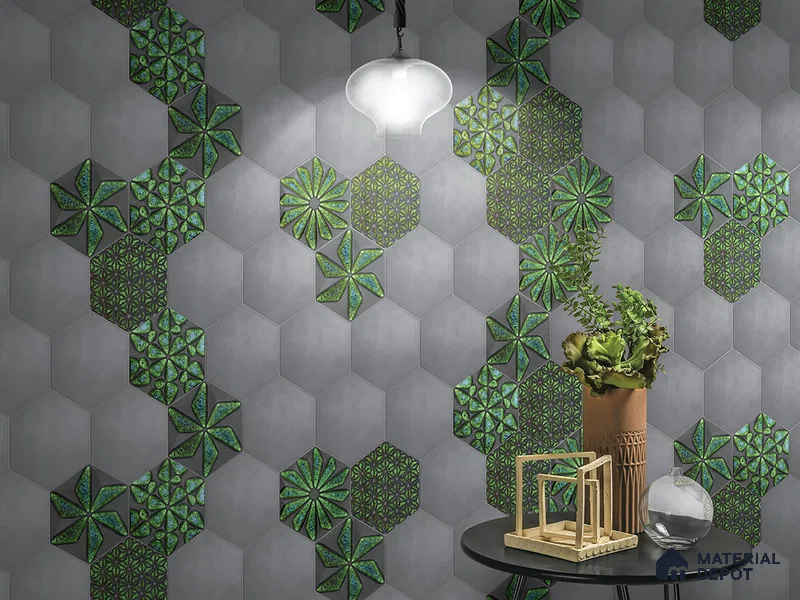 Hexagonal Wall Tile TL 05657 Matrix Distinctive Fern 6 x 6 inch Ceramic Matte Finish - 9 mm | 4 Random Faces | Suitable for Living Room, Bathroom, Kitchen & Backsplash