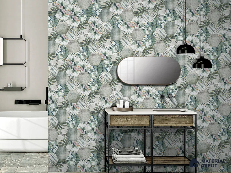 Hexagonal Wall Tile TL 05654 Matrix Jungle Emerald 6 x 6 inch Ceramic Matte Finish - 9 mm | 4 Random Faces | Suitable for Living Room, Bathroom, Kitchen & Backsplash