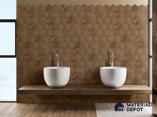 Hexagonal Wall Tile TL 05653 Matrix Unique Gold 6 x 6 inch Ceramic Matte Finish - 9 mm | 4 Random Faces | Suitable for Living Room, Bathroom, Kitchen & Backsplash
