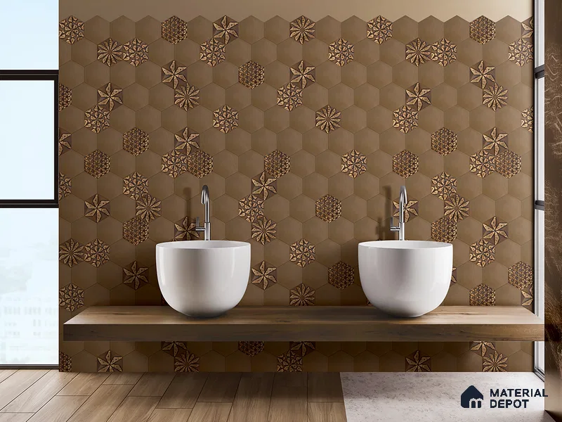 Hexagonal Wall Tile TL 05653 Matrix Unique Gold 6 x 6 inch Ceramic Matte Finish - 9 mm | 4 Random Faces | Suitable for Living Room, Bathroom, Kitchen & Backsplash