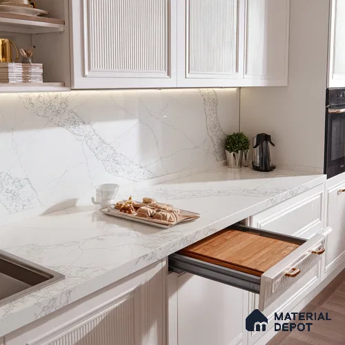 Belina Quartz QR 00022 Celestial Vein Regalia Series 11.42 ft x 6.58 ft Quartz - 20 mm | 10 Years Warranty | Suitable for Kitchen, Restaurant, Counter Tops, Dining, Reception, office