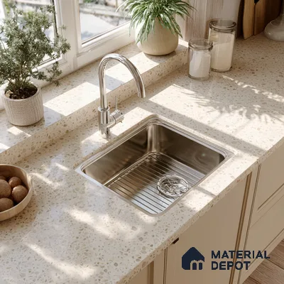 Belina Quartz QR 00162 Sienna Terrazzo Value Series 10.5 ft x 5.25 ft Quartz - 20 mm | 5 Years Warranty | Suitable for Kitchen, Restaurant, Counter Tops, Dining, Reception, office