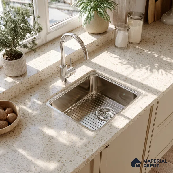Belina Quartz QR 00162 Sienna Terrazzo Value Series 10.5 ft x 5.25 ft Quartz - 20 mm | 5 Years Warranty | Suitable for Kitchen, Restaurant, Counter Tops, Dining, Reception, office