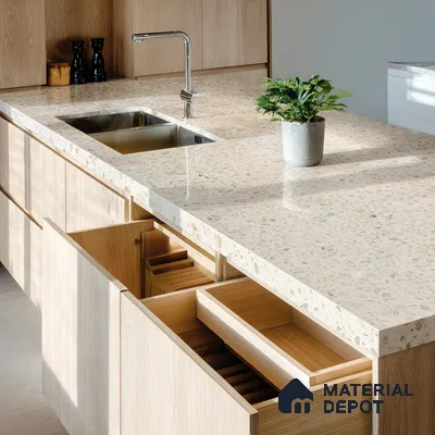 Belina Quartz QR 00162 Sienna Terrazzo Value Series 10.5 ft x 5.25 ft Quartz - 20 mm | 5 Years Warranty | Suitable for Kitchen, Restaurant, Counter Tops, Dining, Reception, office