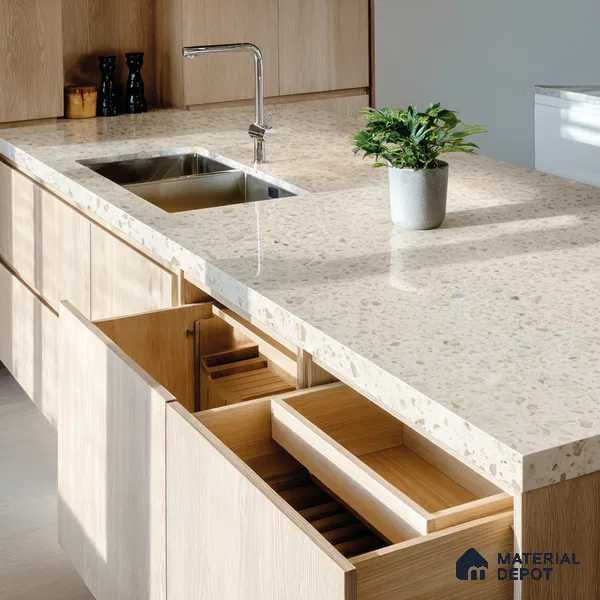 Belina Quartz QR 00162 Sienna Terrazzo Value Series 10.5 ft x 5.25 ft Quartz - 20 mm | 5 Years Warranty | Suitable for Kitchen, Restaurant, Counter Tops, Dining, Reception, office