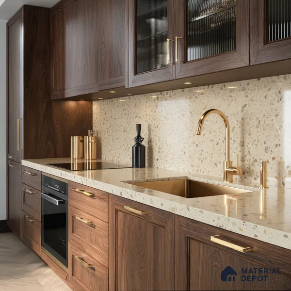 Belina Quartz QR 00162 Sienna Terrazzo Value Series 10.5 ft x 5.25 ft Quartz - 20 mm | 5 Years Warranty | Suitable for Kitchen, Restaurant, Counter Tops, Dining, Reception, office