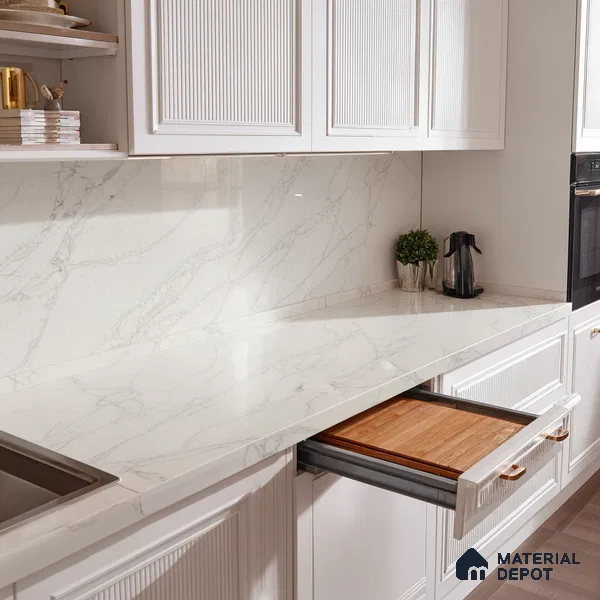 Belina Quartz QR 00035 Ivory Whisper Regalia Series 11.42 ft x 6.58 ft Quartz - 20 mm | 10 Years Warranty | Suitable for Kitchen, Restaurant, Counter Tops, Dining, Reception, office