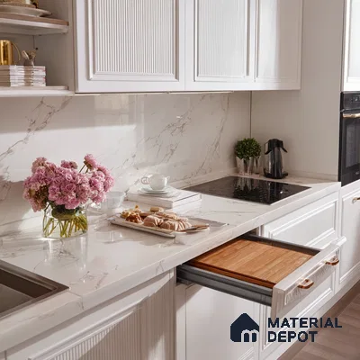 Belina Quartz QR 00038 Ivory Cascade Regalia Series 11.42 ft x 6.58 ft Quartz - 20 mm | 10 Years Warranty | Suitable for Kitchen, Restaurant, Counter Tops, Dining, Reception, office