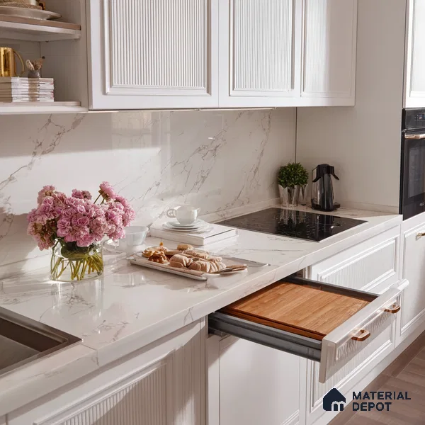 Belina Quartz QR 00038 Ivory Cascade Regalia Series 11.42 ft x 6.58 ft Quartz - 20 mm | 10 Years Warranty | Suitable for Kitchen, Restaurant, Counter Tops, Dining, Reception, office