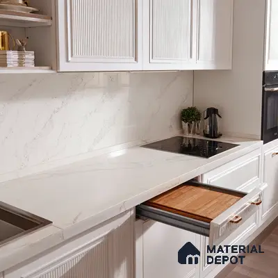 Modern kitchen with pastel mauve high gloss laminate, white marble-look backsplash tile, and white marble floor tile in Bengaluru