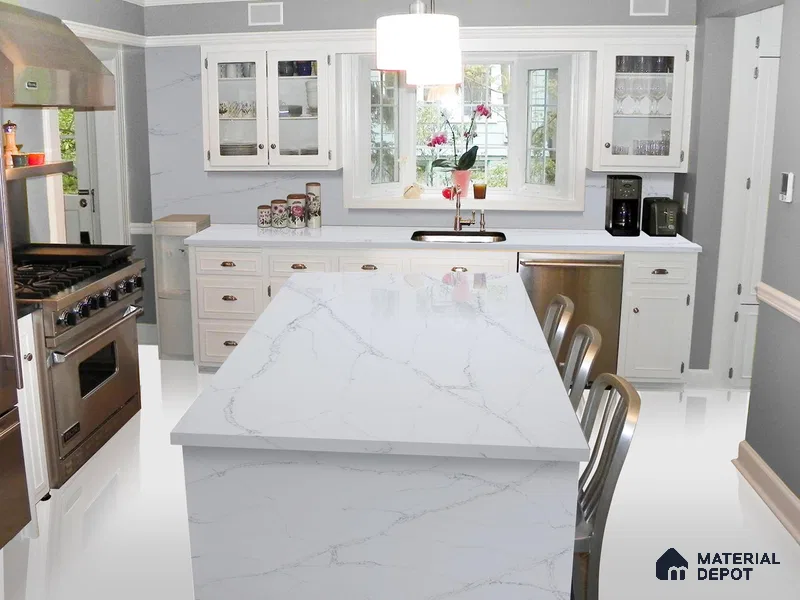 Belina Quartz QR 00180 Silver Cascade Value Series 10.5 ft x 5.25 ft Quartz - 20 mm | 5 Years Warranty | Suitable for Kitchen, Restaurant, Counter Tops, Dining, Reception, office