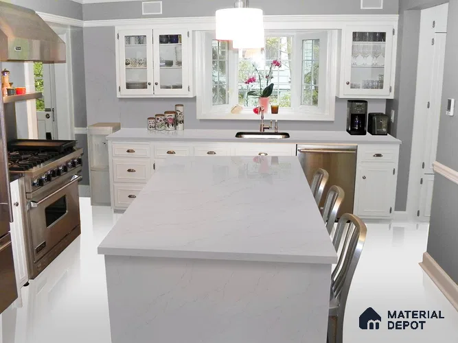 Belina Quartz QR 00176 C Silver Mist Calacatta Value Series 10.5 ft x 2.62 ft Quartz - 20 mm | 5 Years Warranty | Suitable for Kitchen, Restaurant, Counter Tops, Dining, Reception, office