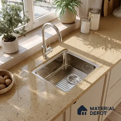 Belina Quartz QR 00310 Beige Celestia Helsinki Series 10.5 ft x 5.35 ft Quartz - 20 mm | 10 Years and Replacement Warranty | Suitable for Kitchen, Restaurant, Counter Tops, Dining, Reception, office