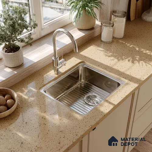 Belina Quartz QR 00310 Beige Celestia Helsinki Series 10.5 ft x 5.35 ft Quartz - 20 mm | 10 Years and Replacement Warranty | Suitable for Kitchen, Restaurant, Counter Tops, Dining, Reception, office