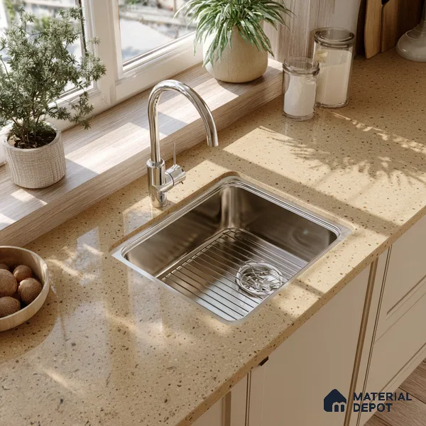 Belina Quartz QR 00310 Beige Celestia Helsinki Series 10.5 ft x 5.35 ft Quartz - 20 mm | 10 Years and Replacement Warranty | Suitable for Kitchen, Restaurant, Counter Tops, Dining, Reception, office