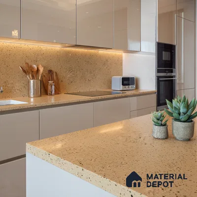 Belina Quartz QR 00310 Beige Celestia Helsinki Series 10.5 ft x 5.35 ft Quartz - 20 mm | 10 Years and Replacement Warranty | Suitable for Kitchen, Restaurant, Counter Tops, Dining, Reception, office