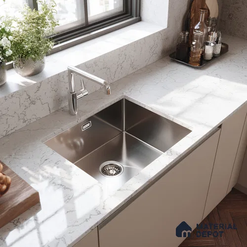 Belina Quartz QR 00275 Calacatta Modena Grey Helsinki Series 10.5 ft x 5.35 ft Quartz - 20 mm | 10 Years and Replacement Warranty | Suitable for Kitchen, Restaurant, Counter Tops, Dining, Reception, office