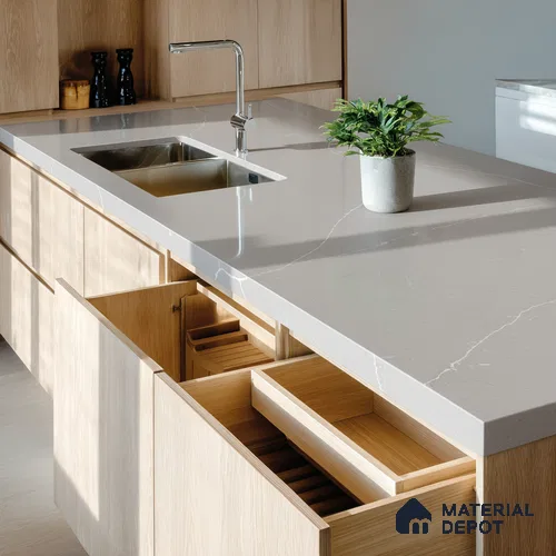 Belina Quartz QR 00293 Calacatta Grey Veneto Helsinki Series 10.5 ft x 5.35 ft Quartz - 20 mm | 10 Years and Replacement Warranty | Suitable for Kitchen, Restaurant, Counter Tops, Dining, Reception, office