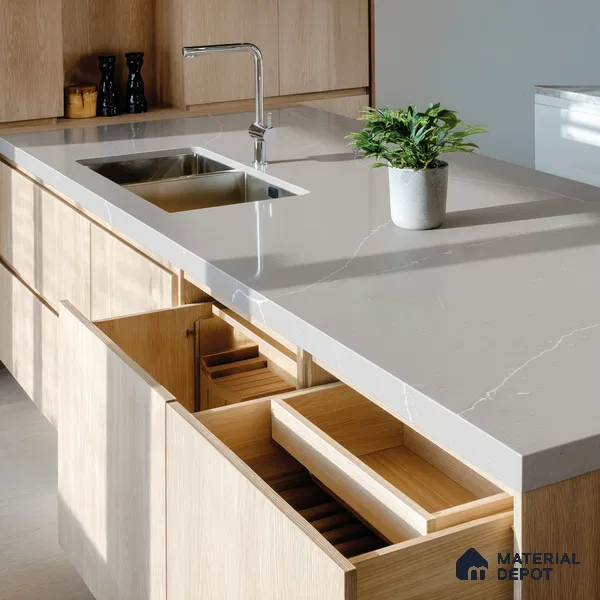 Belina Quartz QR 00293 Calacatta Grey Veneto Helsinki Series 10.5 ft x 5.35 ft Quartz - 20 mm | 10 Years and Replacement Warranty | Suitable for Kitchen, Restaurant, Counter Tops, Dining, Reception, office