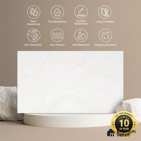 Belina Quartz QR 00288 B Calacatta Arctic Helsinki Series 10.5 ft x 4.82 ft Quartz - 20 mm | 10 Years and Replacement Warranty | Suitable for Kitchen, Restaurant, Counter Tops, Dining, Reception, office