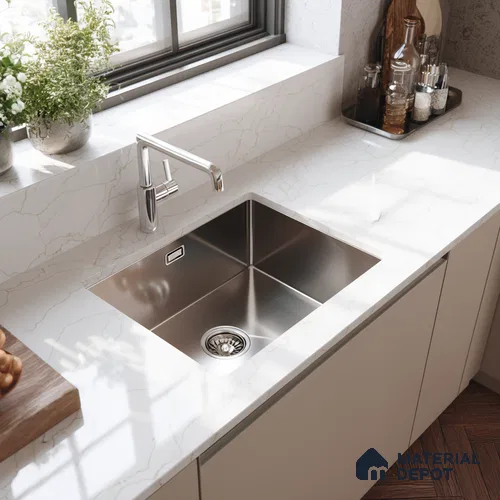 Belina Quartz QR 00278 Calacatta Imperiale Gold Helsinki Series 10.5 ft x 5.35 ft Quartz - 20 mm | 10 Years and Replacement Warranty | Suitable for Kitchen, Restaurant, Counter Tops, Dining, Reception, office