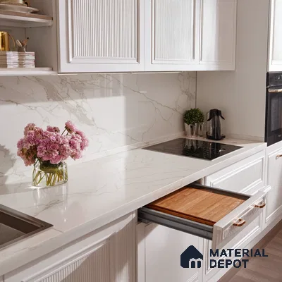 Belina Quartz QR 00278 Calacatta Imperiale Gold Helsinki Series 10.5 ft x 5.35 ft Quartz - 20 mm | 10 Years and Replacement Warranty | Suitable for Kitchen, Restaurant, Counter Tops, Dining, Reception, office