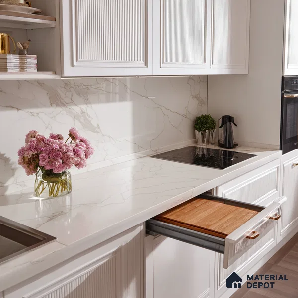 Belina Quartz QR 00278 Calacatta Imperiale Gold Helsinki Series 10.5 ft x 5.35 ft Quartz - 20 mm | 10 Years and Replacement Warranty | Suitable for Kitchen, Restaurant, Counter Tops, Dining, Reception, office