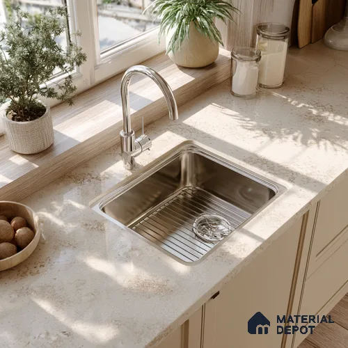 Belina Quartz QR 00332 Auric Imperial Gold Helsinki Series 10.5 ft x 5.35 ft Quartz - 20 mm | 10 Years and Replacement Warranty | Suitable for Kitchen, Restaurant, Counter Tops, Dining, Reception, office